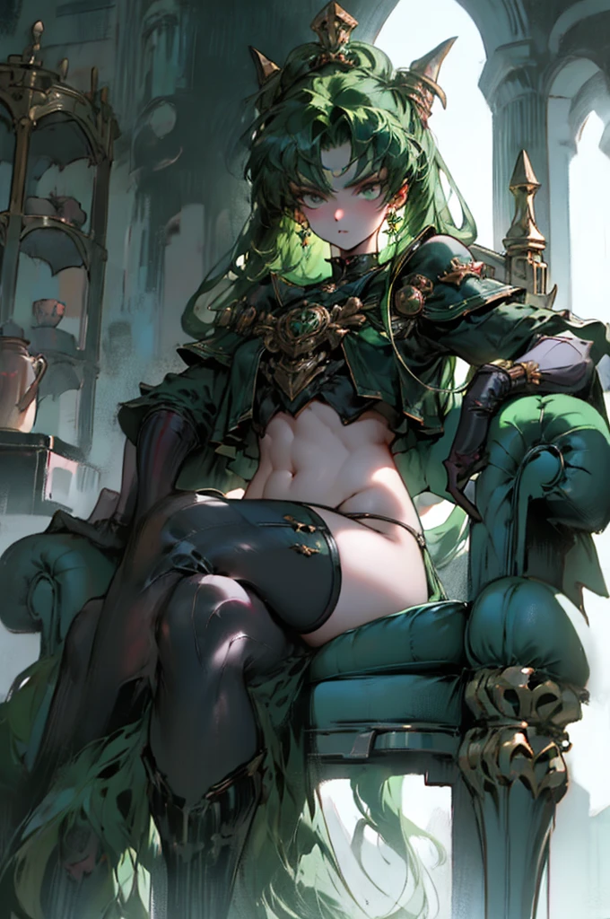 Black Kakalot Female, Green Hair, Look at Viewer, Green Castle, sitting chair, panty