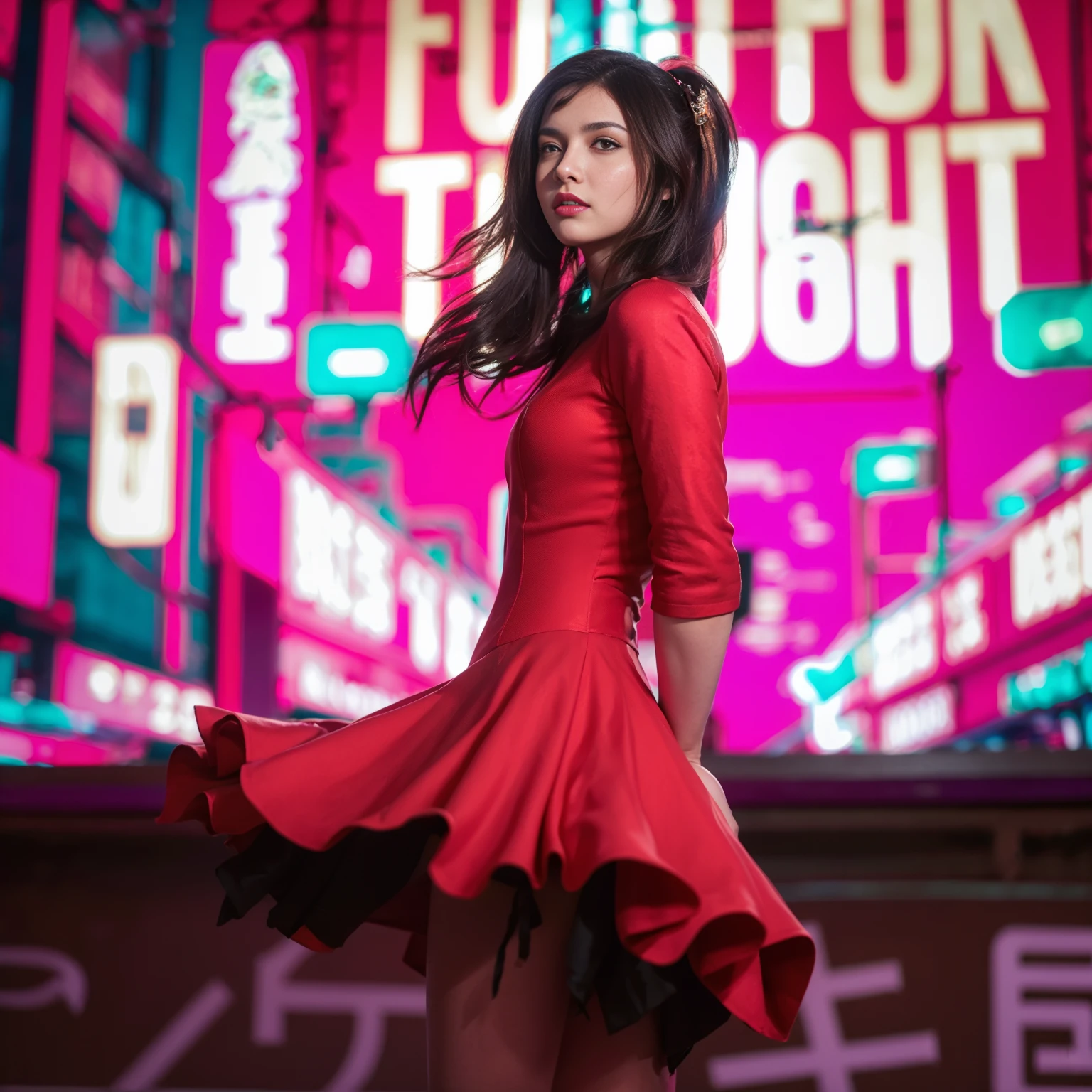 there is a beautiful woman in a red dress standing in front of a neon sign, the dress has a black lining underneath, dark brown hair, red and cinematic lighting, stylized urban fantasy artwork, 8k, hyperrealistic cyberpunk style, cinematic red lighting, hero pose colorful city lighting, urban fantasy style, cyberpunk ultra-realistic 8k art, in cyberpunk city, photography.