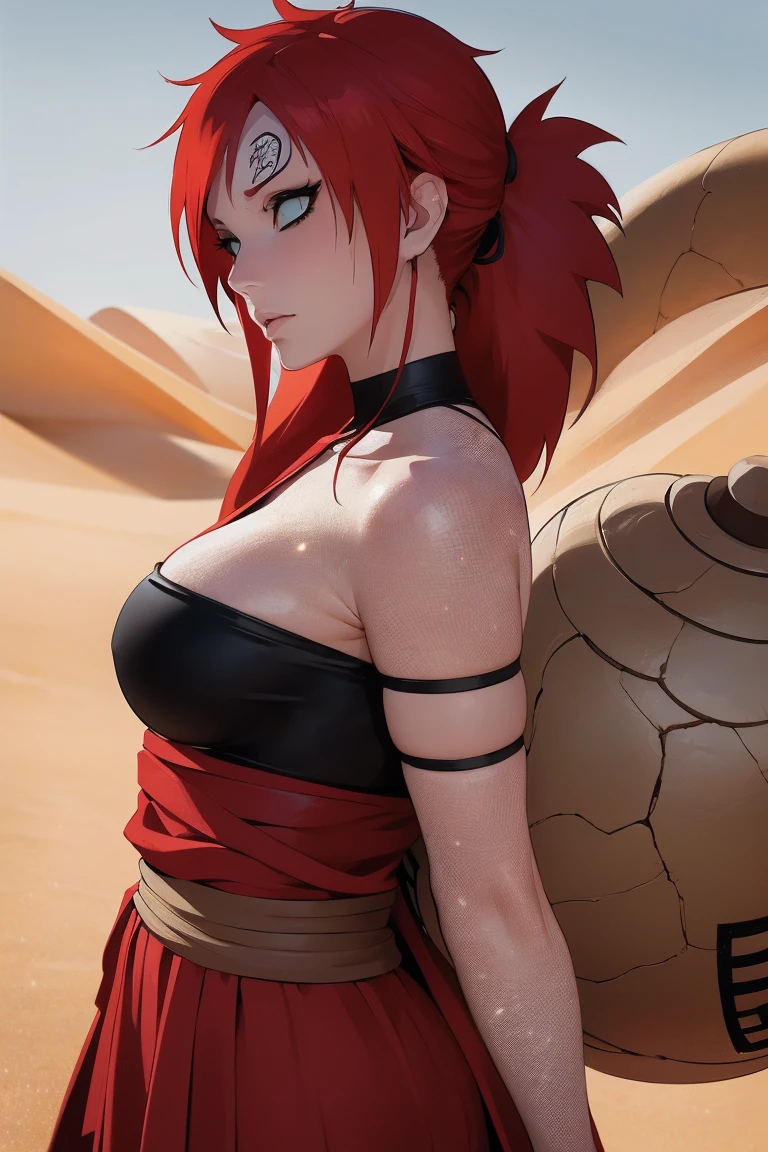 (Absurd, high quality, ultra -compared, careful with the hand) 1 woman, large breats, long red hair, gaara daughter ( Gaara/Naruto), Subaku no Gaara, sand gourd on the back,