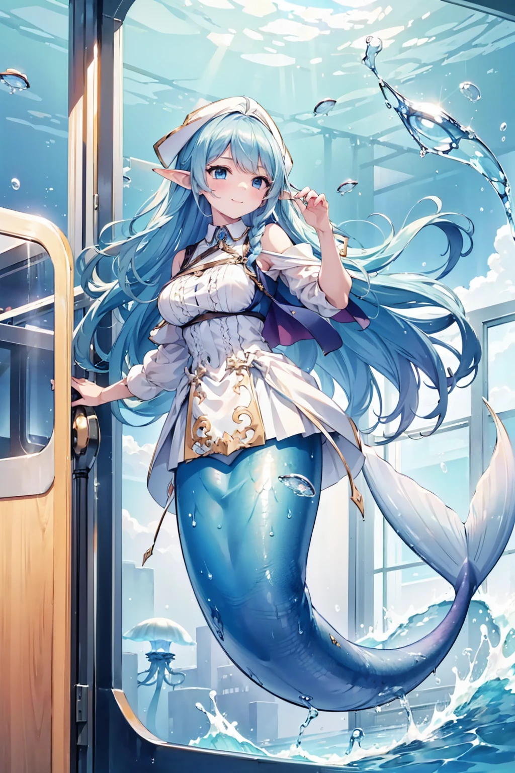 masterpiece, best quality,A girl,Blue Hair,White Dress,Ahoge,blue eyes, Elf ears,独奏,Large Breasts,Mermaid,蓝色的Mermaid尾巴,full-body shot,transportation facilities_against_window,blue theme, (in water:1.2), (air bubble:1.3), Inside the train, (surreal:1.2), (jellyfish:1.2), (whale:1.1),(fish:1.2),blurred foreground,charming face(Kawaii, charming,Soft),Looking at the audience,Smile