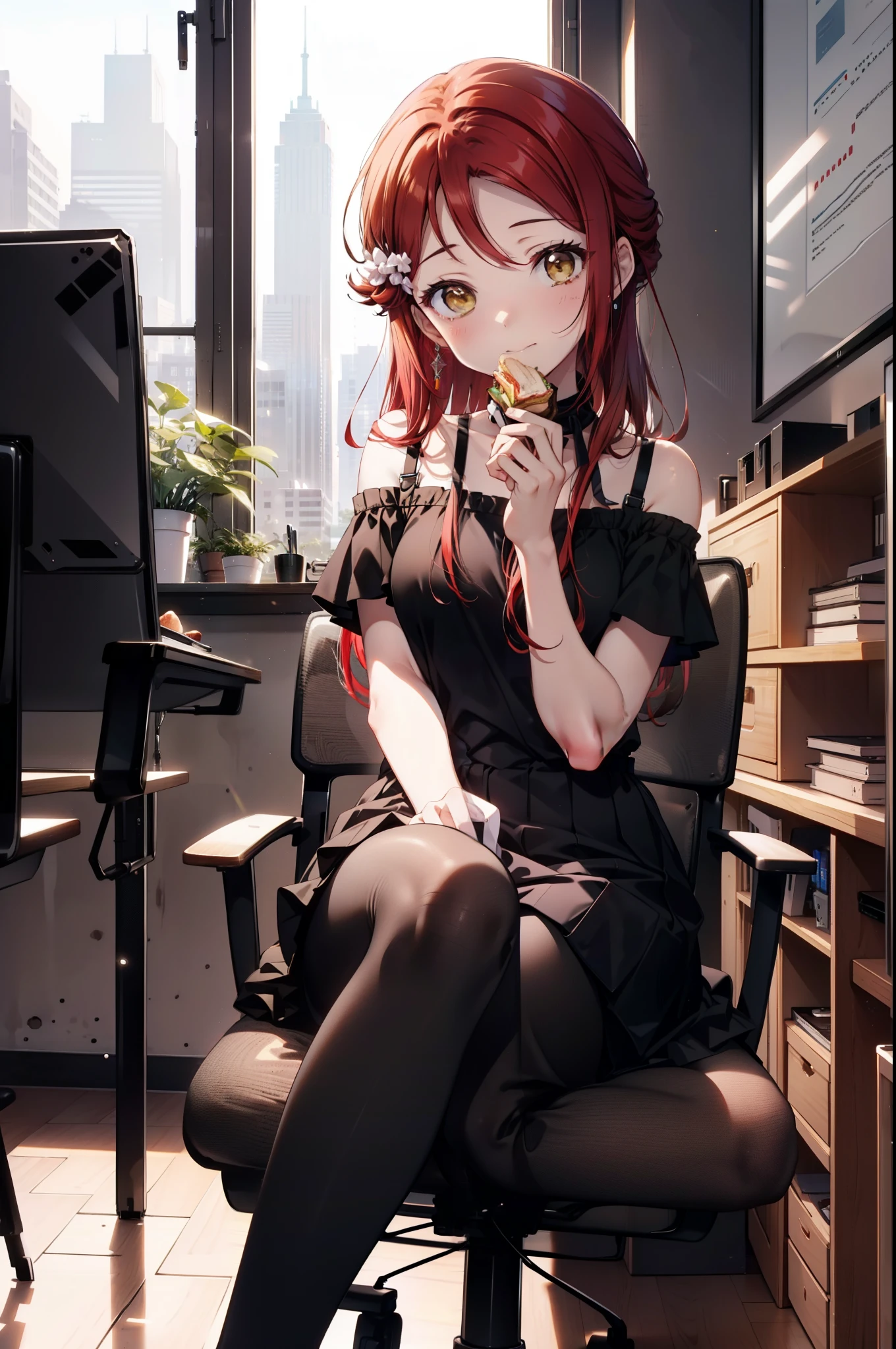 rikosakurauchi, Riko Sakurauchi, (Brown eyes:1.5), Hair between the eyes, Long Hair, (Redhead:1.5), (Small breasts:1.2), smile,Cold Shoulder Shirt,Short sleeve,Long skirt,Black pantyhose,Stiletto heels,Sitting in a chair,is holding a sandwich with both hands and eating it,There is a computer and a sandwich on the table.,interior,So that the whole body goes into the illustration,
break looking at viewer, 全身
break outdoors, office,
break (masterpiece:1.2), Highest quality, High resolution, unity 8k wallpaper, (figure:0.8), (Beautiful attention to detail:1.6), Highly detailed face, Perfect lighting, Highly detailed CG, (Perfect hands, Perfect Anatomy),