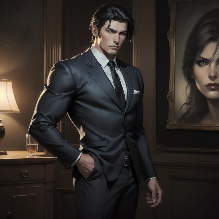 a handsome young man with very short black hair, beautiful detailed eyes, extremely detailed eyes and face, longeyelashes, wearing a blue blazer style uniform with tie and black long pants adjusted to his size, black shoes, standing in the anatomy club room, looking at the viewer with an arrogant, athletic and handsome expression, standing imposingly, good-looking villain style, surrounded by drawings of the human body on the blackboard, replica of a human bust on the table, (best quality,4k,8k,highres,masterpiece:1.2),ultra-detailed,(realistic,photorealistic,photo-realistic:1.37),HDR,UHD,studio lighting,ultra-fine painting,sharp focus,physically-based rendering,extreme detail description,professional,vivid colors,bokeh,portraits,photography,warm colors,dramatic lighting