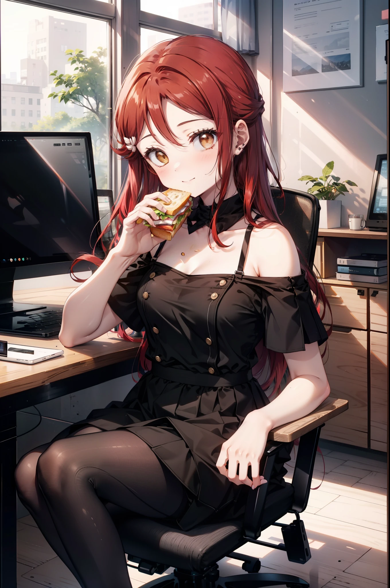 rikosakurauchi, Riko Sakurauchi, (Brown eyes:1.5), Hair between the eyes, Long Hair, (Redhead:1.5), (Small breasts:1.2), smile,Cold Shoulder Shirt,Short sleeve,Long skirt,Black pantyhose,Stiletto heels,Sitting in a chair,is holding a sandwich with both hands and eating it,There is a computer and a sandwich on the table.,interior,So that the whole body goes into the illustration,
break looking at viewer, 全身
break outdoors, office,
break (masterpiece:1.2), Highest quality, High resolution, unity 8k wallpaper, (figure:0.8), (Beautiful attention to detail:1.6), Highly detailed face, Perfect lighting, Highly detailed CG, (Perfect hands, Perfect Anatomy),