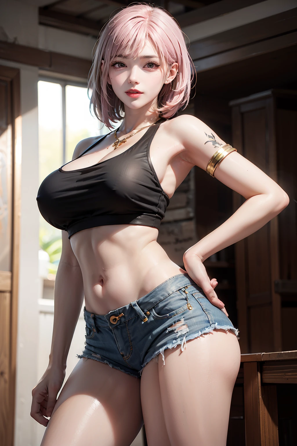 Women, early 20s, short silky pink hair with yellow tips, gold armlet, gold bracelet, golden eyes, seductive look, golden hair pinns, golden key necklace, big breast, black midriff tank top, denim short shorts, Inc black tattoo, golden thighlet, black thigh highs, shiny skin, side boob, underboob, arm tattoo, belly tattoo.