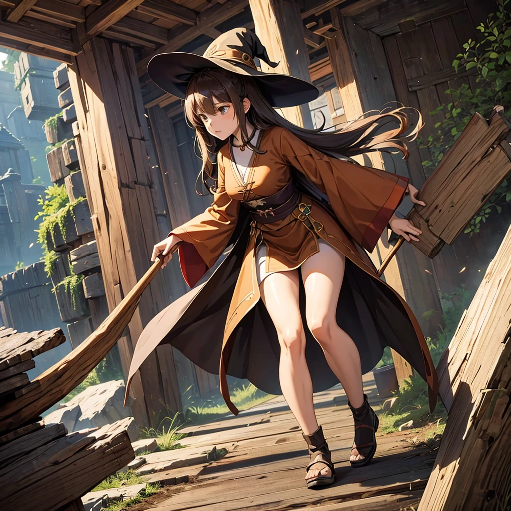 high resolution。A witch with the power of wood and earth。Carrying a large wooden walking stick handed down from ancient times。Overall brown image。At a dynamic angle。