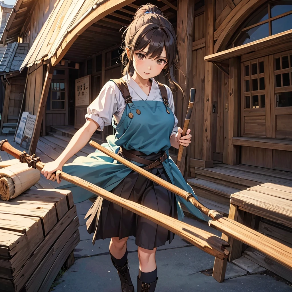 high resolution。A witch with the power of wood and earth。Carrying a large wooden walking stick handed down from ancient times。Overall brown image。At a dynamic angle。