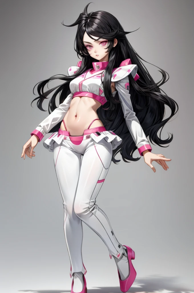 best quality, simple Details, 1 girl, Long hair, black hair, pinke Highlights, White eyes, good eyes, simple background, full body, Belly-free,