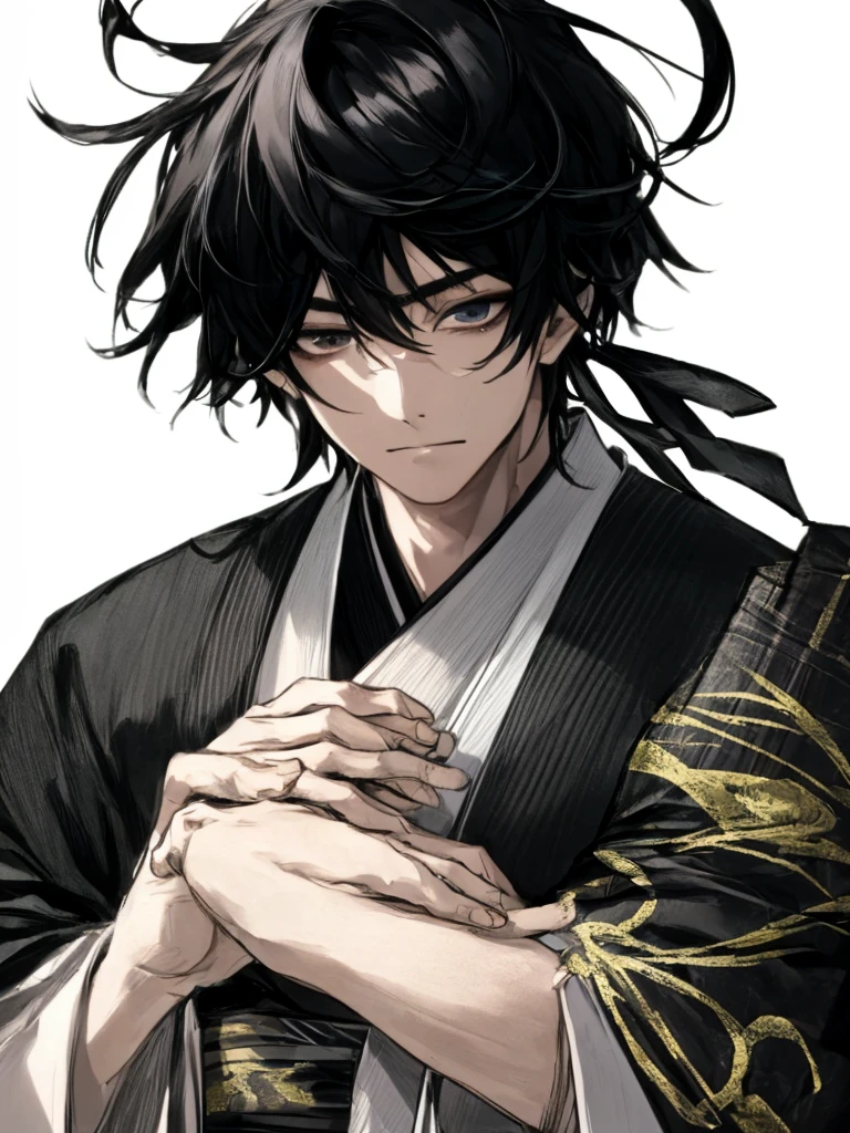 male、２Book Arms、［［［［1 person］］］］, Face Focus, [[[[[[[elder]]]]]]], frontage,[[[Character Portrait]]],[[[[Lesbians all over]]]],kimono、Black、Black Hair、Highest quality, adopt, Detailed face, Simple Background、White Background、、[[[iris]]]、Calm face