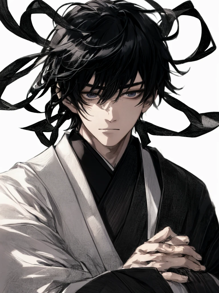 male、２Book Arms、［［［［1 person］］］］, Face Focus, [[[[[[[elder]]]]]]], frontage,[[[Character Portrait]]],[[[[Lesbians all over]]]],kimono、Black、Black Hair、Highest quality, adopt, Detailed face, Simple Background、White Background、、[[[iris]]]、Calm face