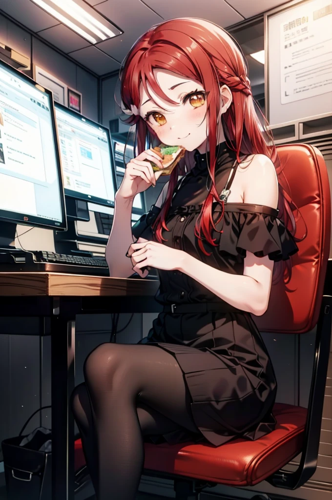 rikosakurauchi, Riko Sakurauchi, (Brown eyes:1.5), Hair between the eyes, Long Hair, (Redhead:1.5), (Small breasts:1.2), smile,Cold Shoulder Shirt,Short sleeve,Long skirt,Black pantyhose,Stiletto heels,Sitting in a chair,is holding a sandwich with both hands and eating it,There is a computer and a sandwich on the table.,interior,So that the whole body goes into the illustration,
break looking at viewer, 全身
break outdoors, office,
break (masterpiece:1.2), Highest quality, High resolution, unity 8k wallpaper, (figure:0.8), (Beautiful attention to detail:1.6), Highly detailed face, Perfect lighting, Highly detailed CG, (Perfect hands, Perfect Anatomy),