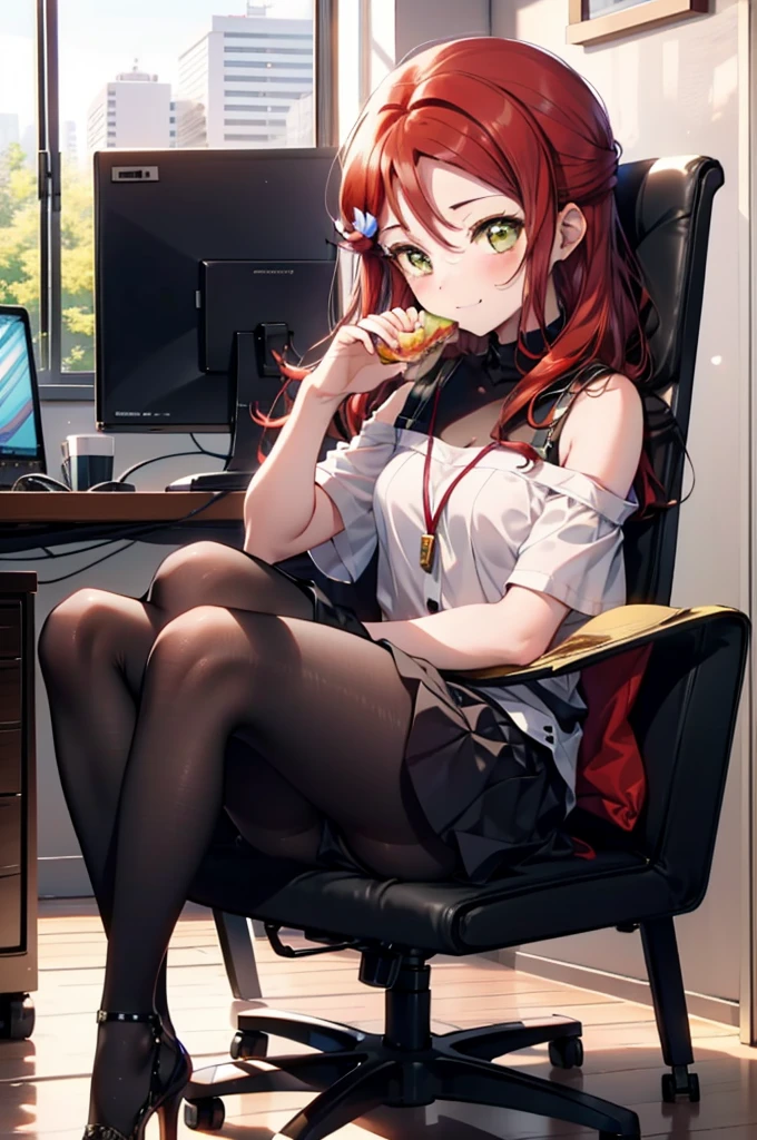 rikosakurauchi, Riko Sakurauchi, (Brown eyes:1.5), Hair between the eyes, Long Hair, (Redhead:1.5), (Small breasts:1.2), smile,Cold Shoulder Shirt,Short sleeve,Long skirt,Black pantyhose,Stiletto heels,Sitting in a chair,is holding a sandwich with both hands and eating it,There is a computer and a sandwich on the table.,interior,So that the whole body goes into the illustration,
break looking at viewer, 全身
break outdoors, office,
break (masterpiece:1.2), Highest quality, High resolution, unity 8k wallpaper, (figure:0.8), (Beautiful attention to detail:1.6), Highly detailed face, Perfect lighting, Highly detailed CG, (Perfect hands, Perfect Anatomy),