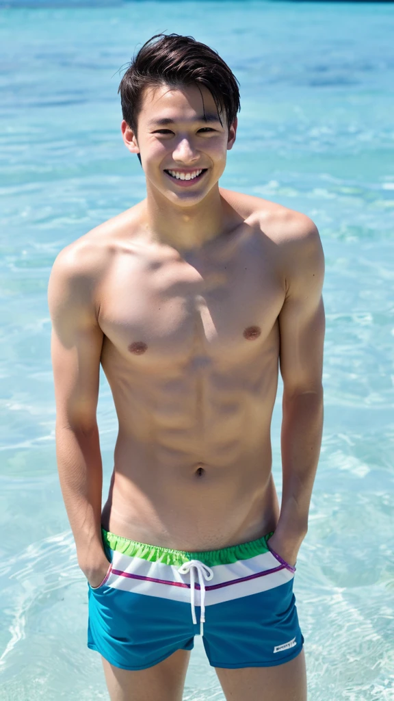 male Age 25 swimwear topless smile