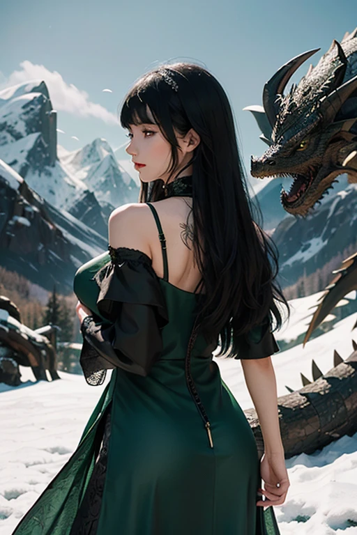 A woman from behind with long black hair and bangs wearing an emerald green dress, along with a black medieval dragon, on a snowy mountain