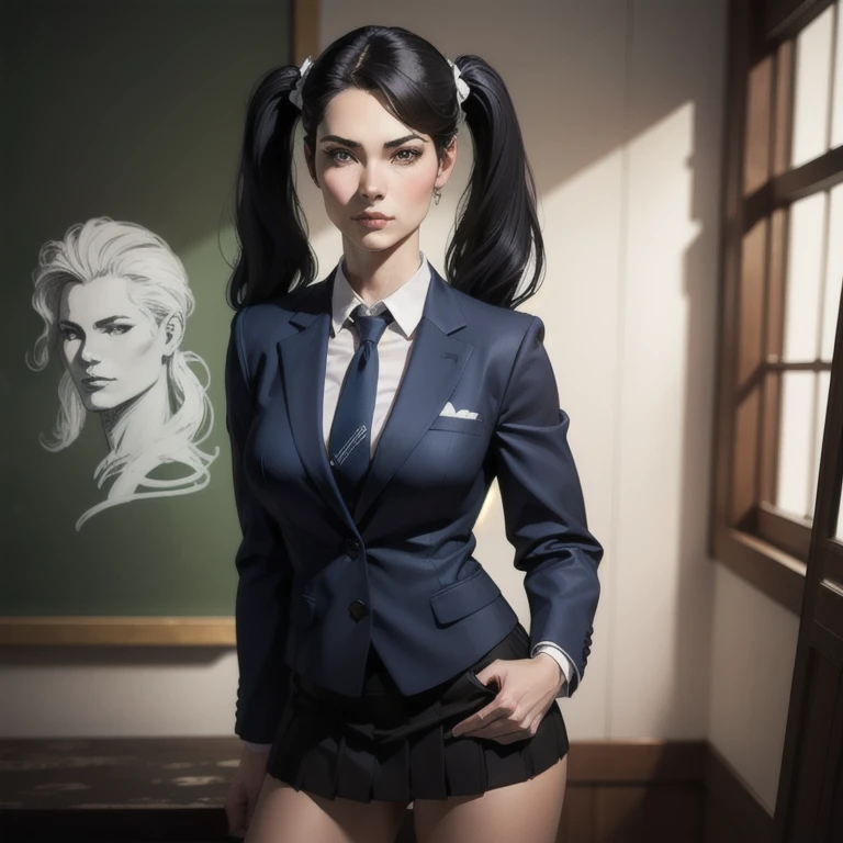 a beautiful young woman with long black hair in twin tails, beautiful detailed eyes, beautiful detailed lips, extremely detailed eyes and face, long eyelashes, wearing a blue blazer style uniform with tie and tight skirt, knee socks, standing in a anatomy club room, looking at the viewer with a sweet expression, surrounded by drawings of the human body on a blackboard, with a replica of the human bust on a table, (best quality, 4k, 8k, high resolution, masterpiece : 1.2), ultra-detailed, (realistic, photorealistic, photorealistic: 1.37 ), HDR, UHD, studio lighting, ultra-fine painting, sharp focus, physically based rendering, extreme detail depiction, professional, vivid colors, bokeh , portraits, photography, warm colors, dramatic lighting