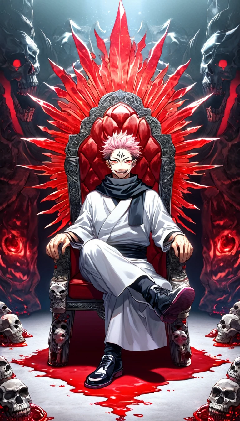 Ultra detailed, HDR, Highres, absurdres, master piece, Ryoumen Sukuna, pink hair, expressive red eyes, black scarf, white kimono, Jujutsu Kaisen, handsome, y man, solo, throne made of bones, red blood water, sitting, fantasy, magical, red aura, inner domain, skulls around him, evil smile, best quality,