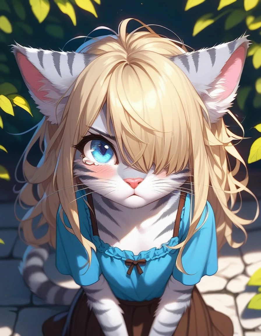 Solo, score_9,score_8_up,score_7_up, source_cartoon, kat, Anthro furry feline, female, short slender body, long blonde hair, long messy hair, hair covering one eye,  pink nose, blue eyes, white whiskers, silver fur, grey stripes, furry body, short, young, about , wearing ruffled blue blouse, brown skirt, kneeling, upset, tearing up, pov, looking up, in a destroyed village