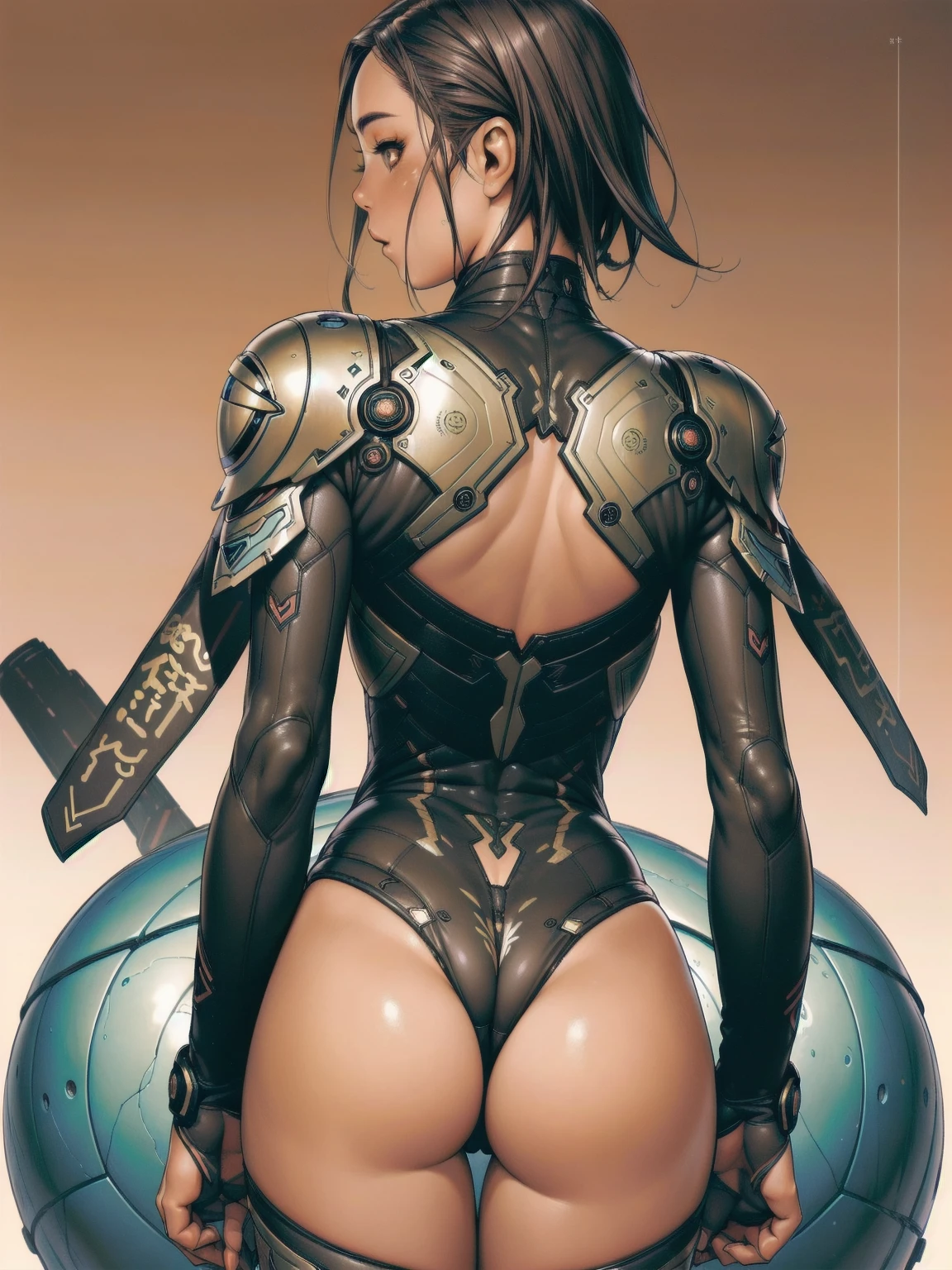 (((Black and golden)), ((best qualityer)), (((Back view))), (((perfect ass))), (((slim))), (Muscles), (((fit body armor suit))), ((Perfect masterpiece)), (detailded: 1.4), (absurdrez), (((long hair with heavy bangs covering the entire forehead))), (((full body fitness, Venom symbol)), (((short hair woman, blushful))), 21 year old woman, beautiful sexy woman, giant robot pilot, wild with perfect corpo fitness, wearing small mecha battle armor clothes, tiny thong, Shonen manga style, clothing with Japanese cyberpunk graphic patterns, Halftone pattern and vertical stripes, earth tone, exiting the body of a giant robot, (((cowboy shot)))