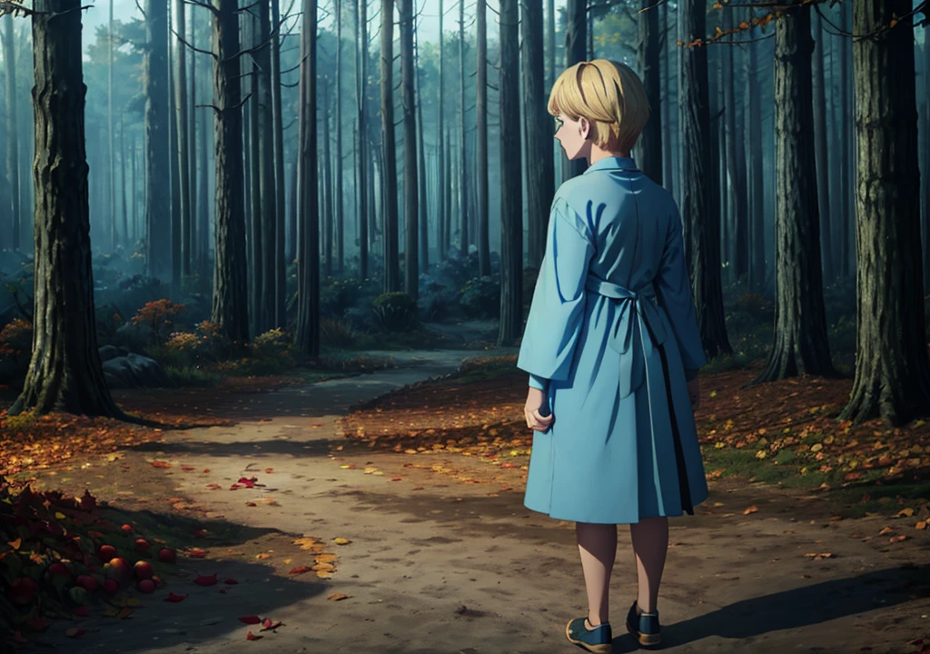 a girl with short blonde hair, in a light blue dress, from the back, holding an apple, forest, autumn, 2D, dark environment, dry leaves,
