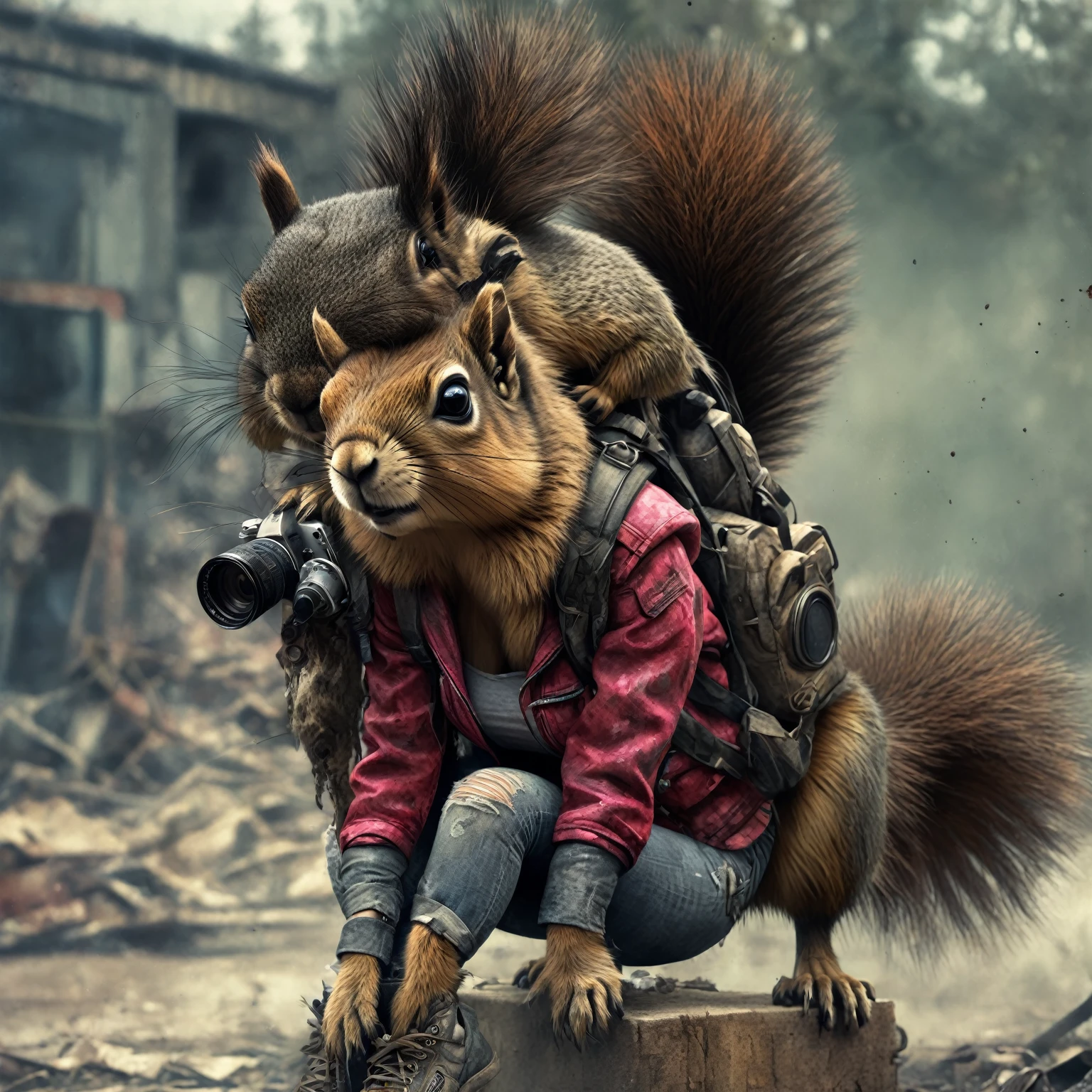 Hyperrealistic art Hyperrealistic art Grunge style post-apocalypse, (Girl survivalist:1.1) with a mutant animal companion. a mutant giant squirrel. Textured, distressed, vintage, edgy, punk rock vibe, dirty, noisy . Extremely high-resolution details, photographic, realism pushed to extreme, fine texture, incredibly lifelike . Extremely high-resolution details, photographic, realism pushed to extreme, fine texture, incredibly lifelike