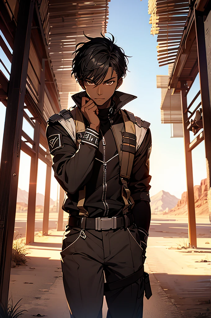 young man, not so high,Little Muscle, slightly dark skin, Desert scenery, light outfits, fighter, struggling pose