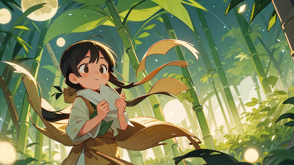 Silent Night, peaceful bamboo forest, bamboo leaves falling with the wind, full moon in the sky, fireflies flying