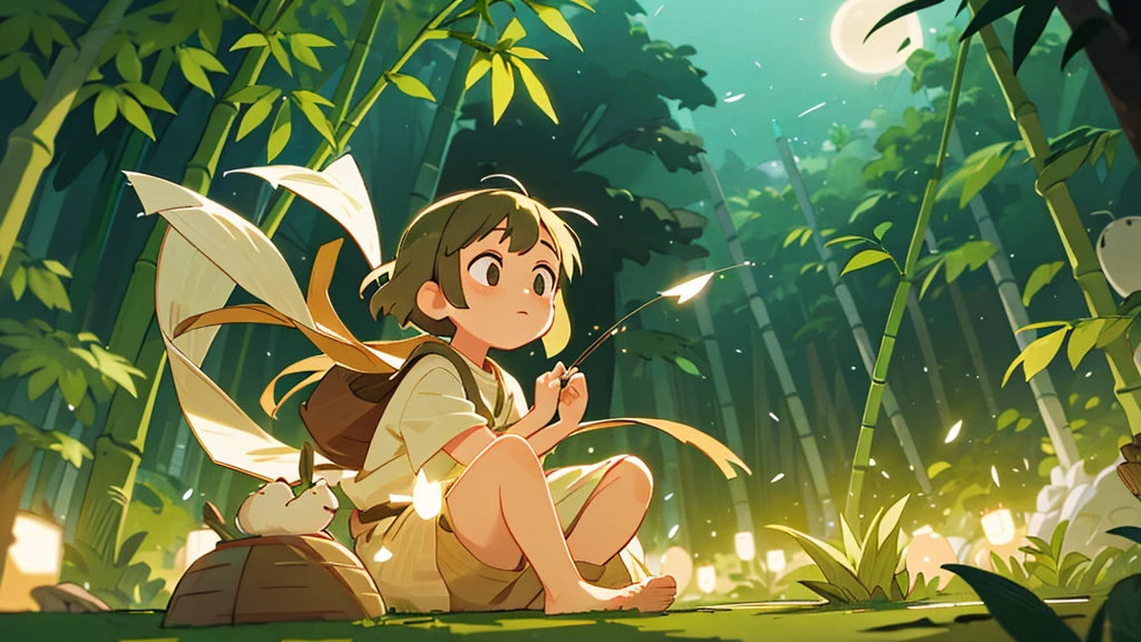 Silent Night, peaceful bamboo forest, bamboo leaves falling with the wind, full moon in the sky, fireflies flying