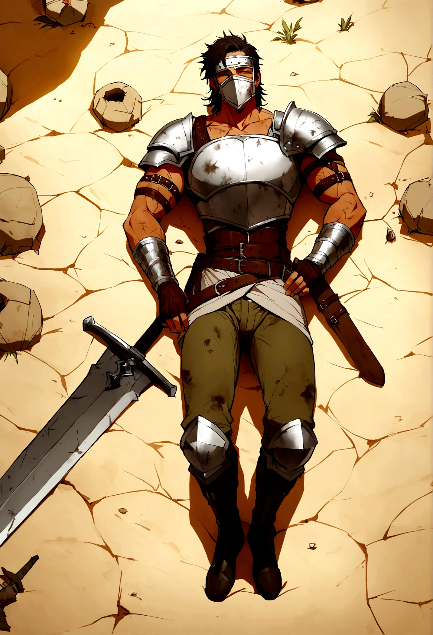 Solo Sexy young anthro scalie dragon male mercenary medieval solider, slim endomorph muscular, anthro handsome gay shorter muzzle, handsome gay model male apperance, sword scars, worn out leather skimpy armament, low on hips heavy leather belt, old very worn out skimpy dirty linen material jockstrap, old yellow dirty worn out stains on white sawn jockstrap, very visible "x" brown seam pattern on the jockstrap, studded skimpy armlets breastplate armor, skimpy breastplate, leather bondages, fingerless leather gloves, smelly unwashed husk, dirty body look, desert bloody battlefield, birds eye view, he lies wounded on his back, his side is sword cut, there is a large sword wound in his side, he lies in his blood pond, he is dead, close view of full character