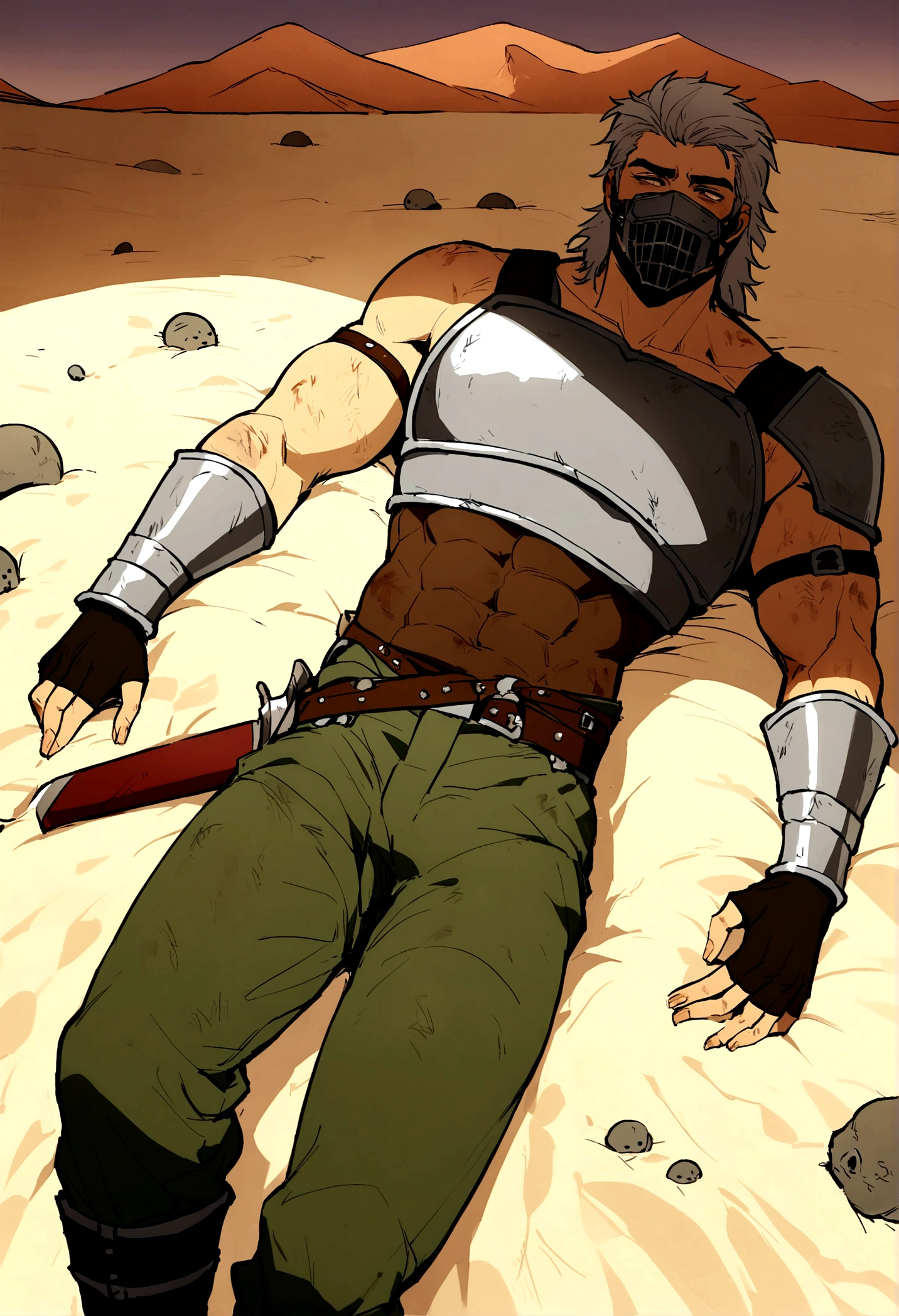 Solo Sexy young anthro scalie dragon male mercenary medieval solider, slim endomorph muscular, anthro handsome gay shorter muzzle, handsome gay model male apperance, sword scars, worn out leather skimpy armament, low on hips heavy leather belt, old very worn out skimpy dirty linen material jockstrap, old yellow dirty worn out stains on white sawn jockstrap, very visible "x" brown seam pattern on the jockstrap, studded skimpy armlets breastplate armor, skimpy breastplate, leather bondages, fingerless leather gloves, smelly unwashed husk, dirty body look, desert bloody battlefield, birds eye view, he lies wounded on his back, his side is sword cut, there is a large sword wound in his side, he lies in his blood pond, he is dead, close view of full character