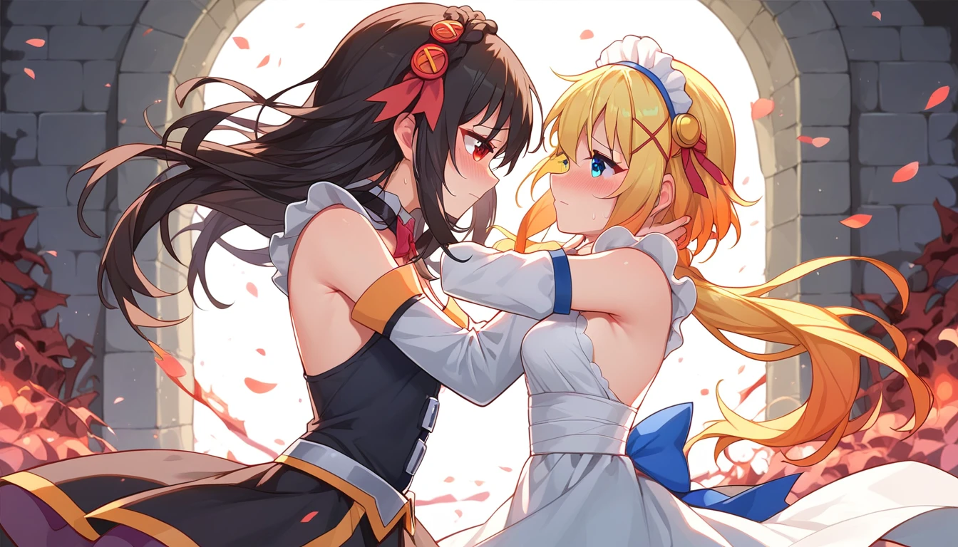((2girls:1.3)), ((moe style:1.3)), ((hell:1.3)), maid outfit, ((dancing:1.3)), medium full shot, yuri, ((black hair:1.3)), megumin (konosuba), yunyun (konosuba), ((shy:1.3)), blush, ((perfect face)), ((extremely cute:1.3)), ((masterpiece:1.3)), ((8k)), ((best quality:1.3)), ((beautiful)), ((extremely detailed:1.3)) , ((absurdres)), AddXL, ((score_9:1.3)), ((score_8_up:1.3)), ((score_7_up:1.3)), Expressiveh
