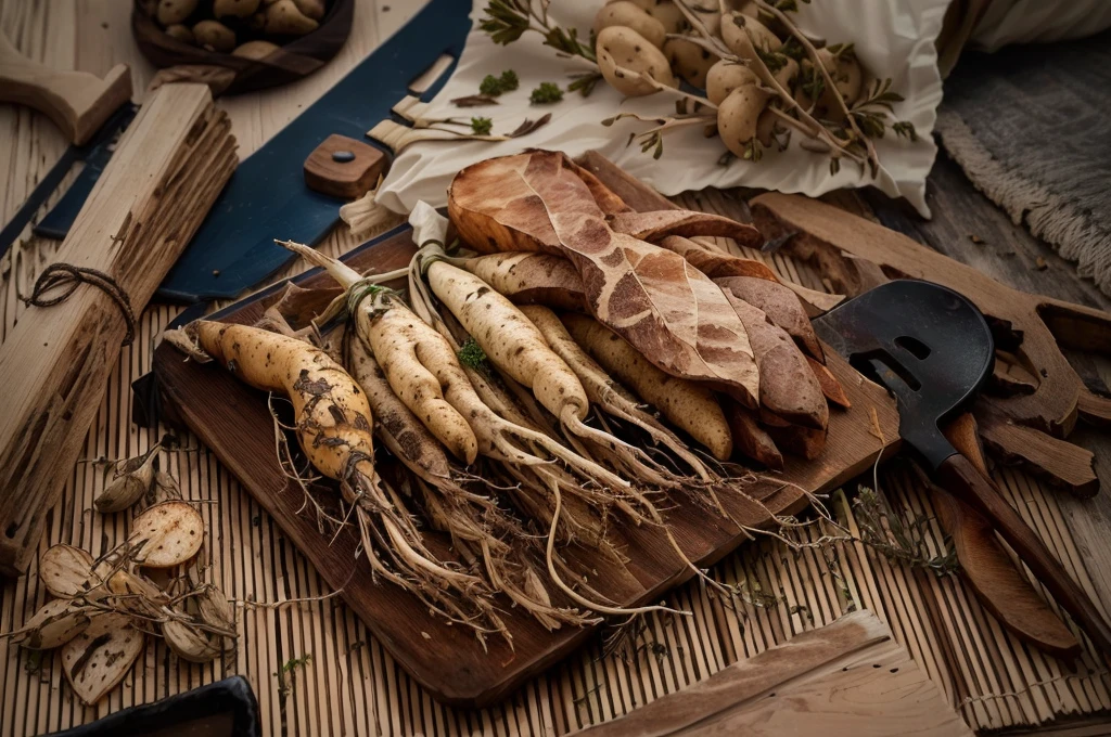 There are many different types of roots on the table, On wooden pallet, Photo showing, High detail photos, Beautiful images, herbs, "High quality product image", Folk medicine, On a dark background, Strange ingredients on the table, Very high quality, Ultra-detailed images, herb, High detail photos, exclusive, On wooden plate，There are some potatoes next to it.