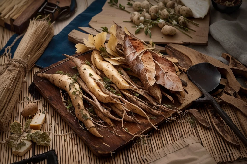 There are many different types of roots on the table, On wooden pallet, Photo showing, High detail photos, Beautiful images, herbs, "High quality product image", Folk medicine, On a dark background, Strange ingredients on the table, Very high quality, Ultra-detailed images, herb, High detail photos, exclusive, On wooden plate,There are some potatoes next to it.