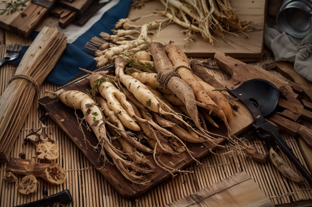 There are many different types of roots on the table, On wooden pallet, Photo showing, High detail photos, Beautiful images, herbs, "High quality product image", Folk medicine, On a dark background, Strange ingredients on the table, Very high quality, Ultra-detailed images, herb, High detail photos, exclusive, On wooden plate,There are some potatoes next to it.
