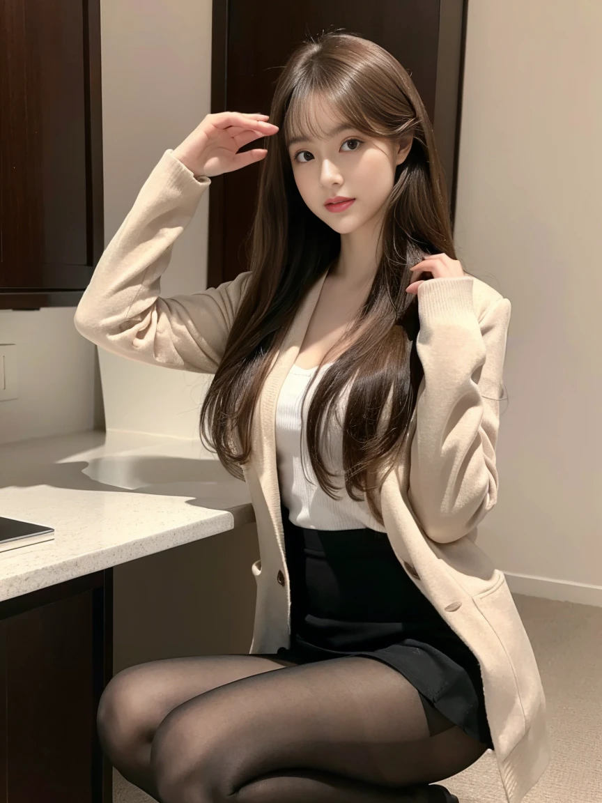 One Girl, alone, pantyhose, Brown Hair, squat, Brown eyes, skirt, View your viewers, ペンシルskirt, office lady, Jacket, indoor, Long Hair, shirt, bangs, 黒いJacket, blush, 白のshirt, 黒いskirt, Hair between the eyes, Long sleeve, put your hand on your face, Part your lips, Small breasts, Brown pantyhose, suit, Large Breasts, Cleavage, formal, smile, Black pantyhose, Open your mouth, Put your hand on your cheek, Beautiful girl ,In 8K, Ultra-high resolution,RAW Photos, (Tabletop:1.2), (Highest quality:1.2), Realistic, Photorealistic, Sharp focus,Professional、Nogizaka Idol、Korean Idol、Gravure idol pose、、Age 25、expensive, Glamour、side、