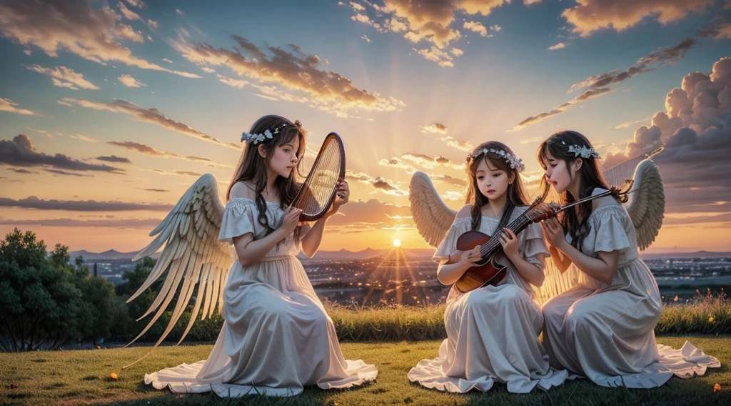  “Angels playing harp, fluffy white clouds, sunset sky, impressionist style” This prompt creates an image with angels playing harps, with soft white clouds and a sunset sky, in an impressionistic style.