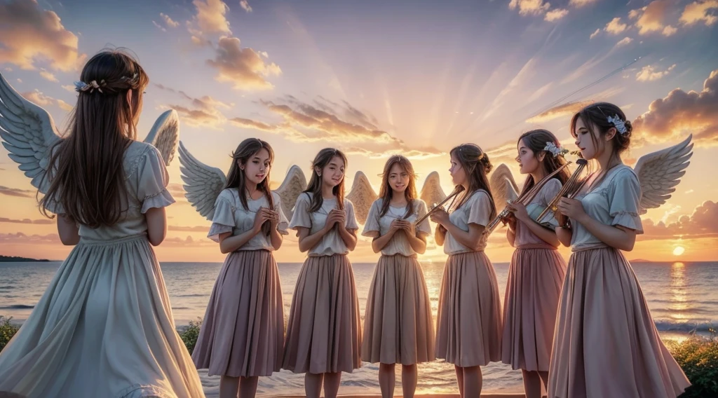 “Angels playing harp, fluffy white clouds, sunset sky, impressionist style” This prompt creates an image with angels playing harps, with soft white clouds and a sunset sky, in an impressionistic style.