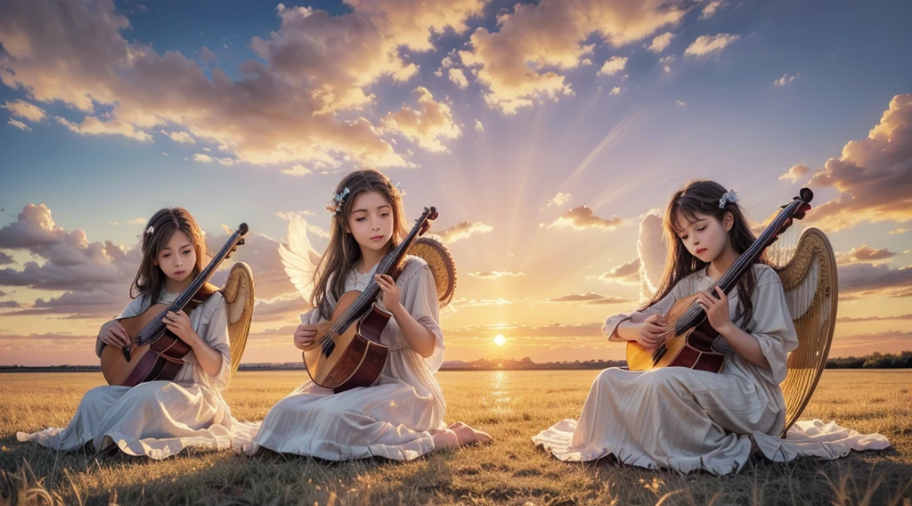  “Angels playing harp, fluffy white clouds, sunset sky, impressionist style” This prompt creates an image with angels playing harps, with soft white clouds and a sunset sky, in an impressionistic style.