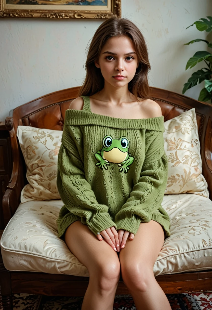 ((Best quality)), ((masterpiece)), (detailed), 1 girl, off shoulder sweater, ((best quality)), ((masterpiece)), (detailed), young Russian girl 7 years old sits indoors like a frog ,spreading your knees to the sides