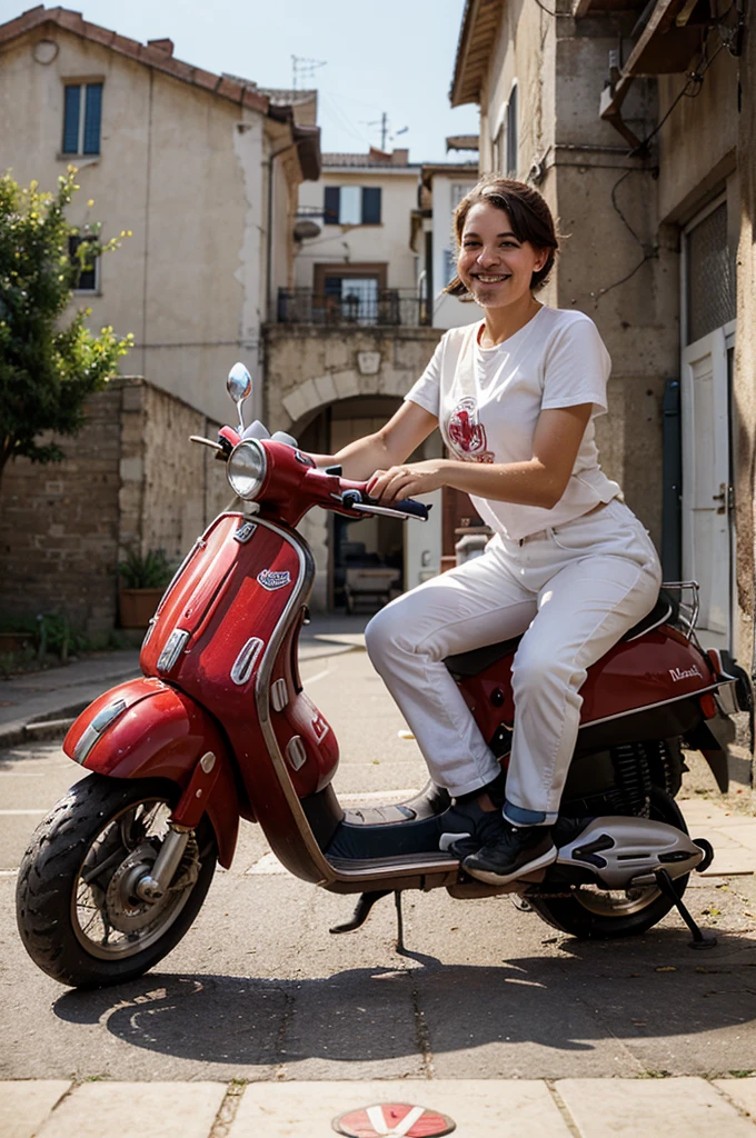 make a callicature logo of a smiling and mustachioed washing machine riding a red Vespa