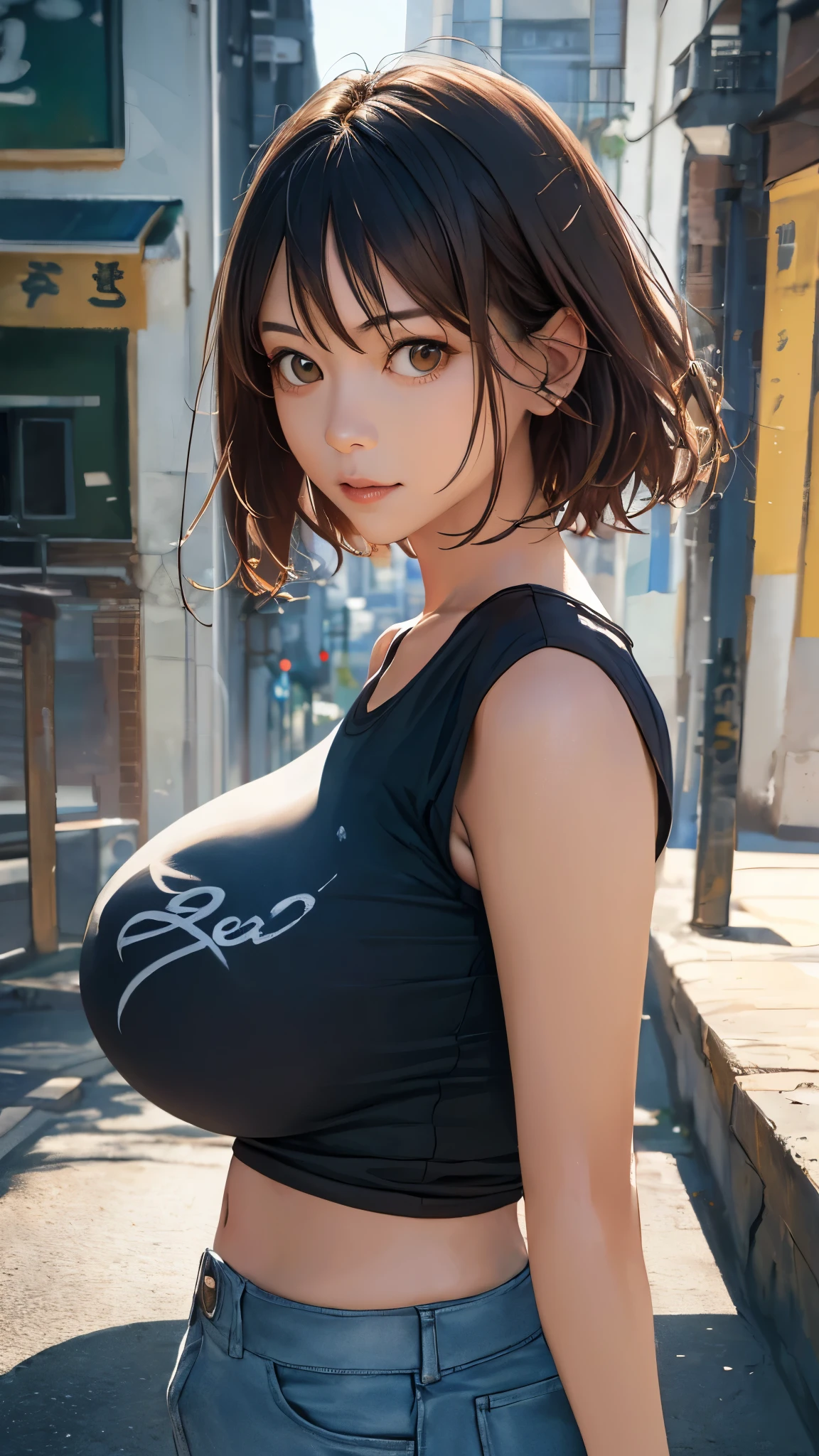 (hig彼st quality、8K、32k、masterpiece)、(Realistic)、(Realistic:1.2)、(High resolution)、Very detailed、(((Burstingly Big Breasts)))、((Tightens the abdomen))、Very beautiful face and eyes、1 Girl、Delicate body、(hig彼st quality、Attention to detail、Rich skin detail)、(hig彼st quality、8K、Oil paint:1.2)、Very detailed、(Realistic、Realistic:1.37)、Bright colors、Full Body Shot, (Round face, Female student:1.6, T-Shirts), (short hair, Brown Hair)