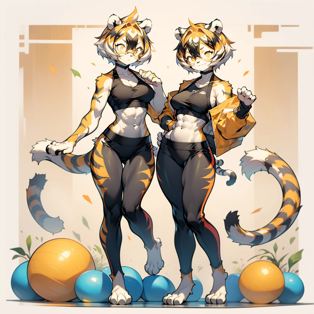 white background, full body, ((1girl,furry)), Standing Yoga mat, animal ears, arknights, white hair, black hair, round eyewear, glasses, OPPEIN, short hair, large breasts, muscle, tail, orange eyes, orange hair, multicolored hair, tiger girl, furry female, hair between eyes, tiger_ears, tiger_tail, orange-tinted_eyewear, tinted_eyewear, Sophorae, ワイフー, tattoo, petite, neck tattoo, big breasts, stomach tattoo, bra, panties, evil smile, Shadows under feet, Abdominal muscles, Yoga tights, Yoga balls