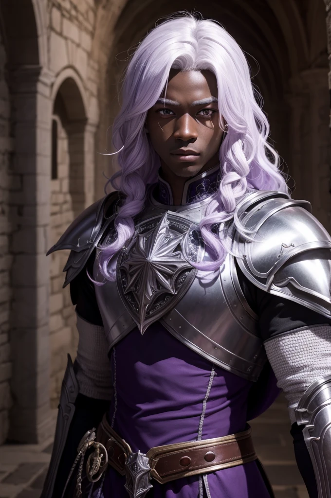 1 man,purples eyes,white  hair,of armor,inside a castle, darkskin,long  curly hair 