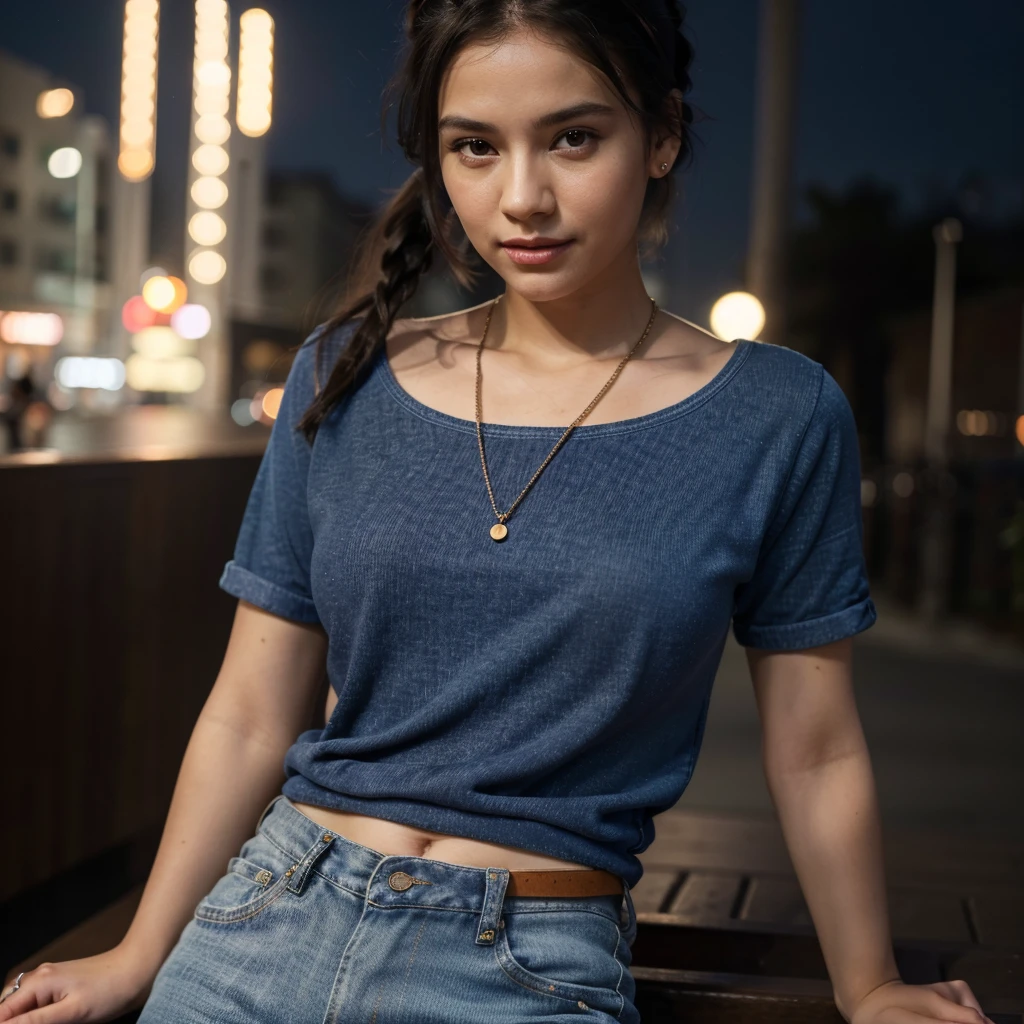 only 1 young girl (best quality,4k,8k,highres,masterpiece:1.2), ultra-detailed, (realistic,photorealistic,photo-realistic:1.37), portrait, wearing blue shirt, small chain on neck, black hair, hair band in ponytail, vivid colors, soft lighting, night neon background, subtle bokeh, warm color tones, rich girl, red lipstick, earing, round neck style dress, wearing jeans pant, wearing a ring in hand