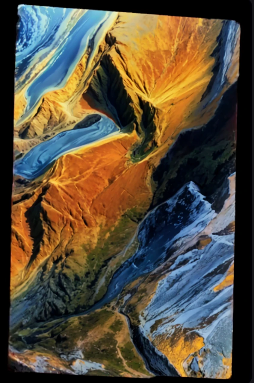 In the middle of the upper part of the picture, there is a clear and realistic figure wearing a cloak standing on the loess earth.，At the top of the picture, the blue sky, clouds and sunset are clearly intertwined.、There are clear views of distant mountains and rivers，Below the picture is a clear view of the pond and green space，The terrain changes clearly within the picture range