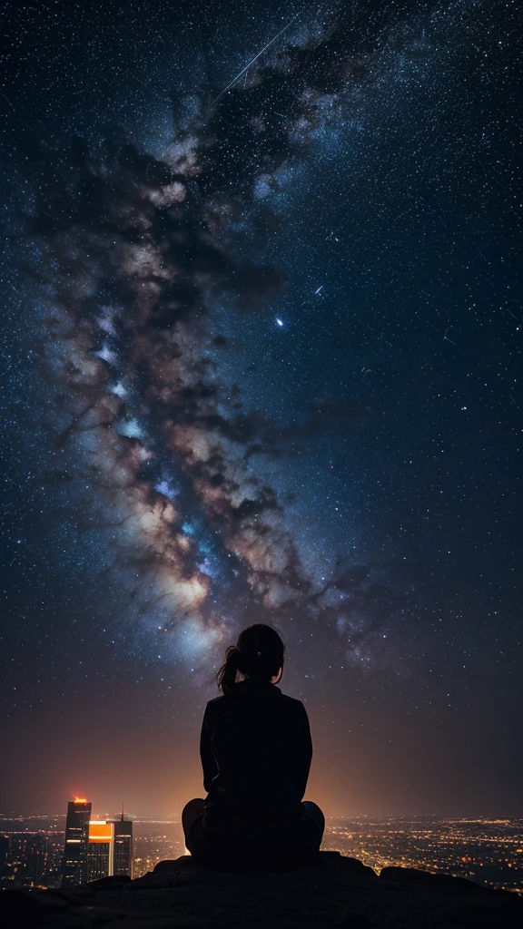 Masterpiece, best quality, 1girl, octane rendering, from distance, at night, sitting and staring at the sky, from behind, city, cityscape, luminous, glowing, bright city lights, full of stars, (shooting stars), milky way, orange clouds, silhouette , from below