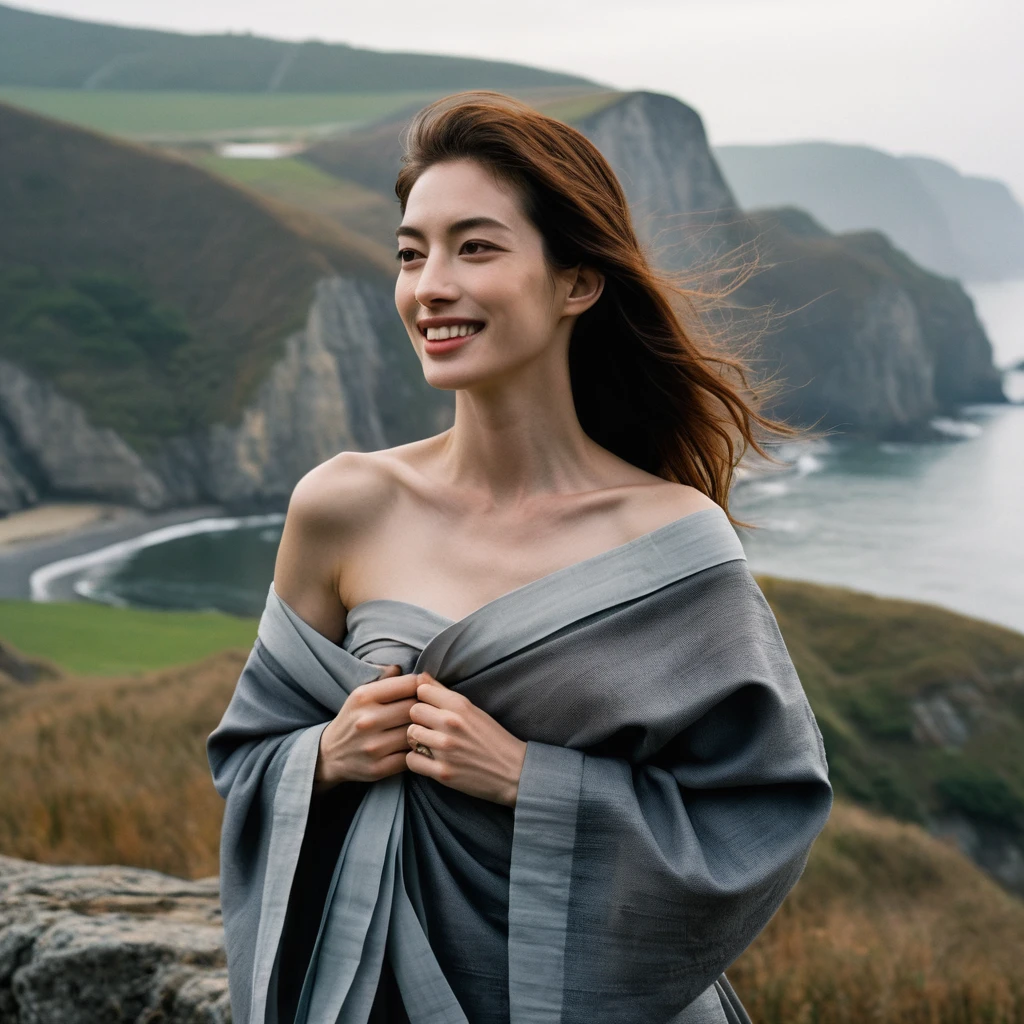 Upper body of a beautiful face Korean girls on ‘cliff’ still from the film, ((solo)), (Anne Hathaway look alike face: 0.9), in the style of foggy valley, confidence smile, fighting practice photography, tangerine and fossil grey, burne-jones, photorealistic urban scenes, luminosity of water, Leica SL3, Summicron-SL 75 f/2 ASPH, MyHeart 200 film, bare shoulder, monk cloth, dynamic action pose,