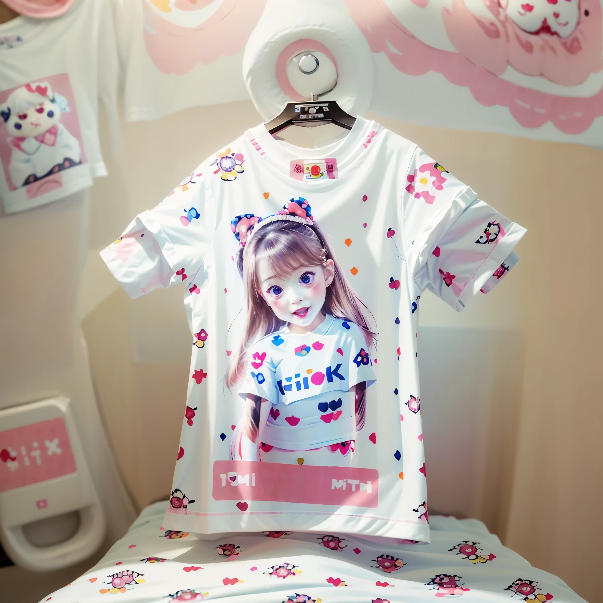 White and Bright Red, (Masterpiece 8K TopQuality:1.2) (ProfessionalPhoto:1.37) ExtremelyDetailed ((((KAWAII girl Printed on T-shirt:1.4) with "SUPER BITCH" Logo ))