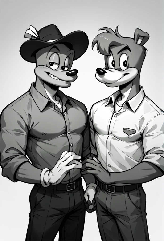 A male Max goof holding hands with a male ((Bradley uppercrust the third)) meesh art style, 2 people, "duo", anthropomorphic dogs, goofy movie 