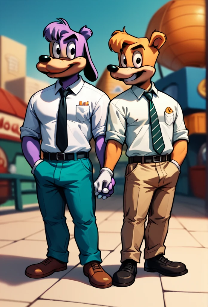 A male Max goof holding hands with a male ((Bradley uppercrust the third)) meesh art style, 2 people, "duo", anthropomorphic dogs, goofy movie