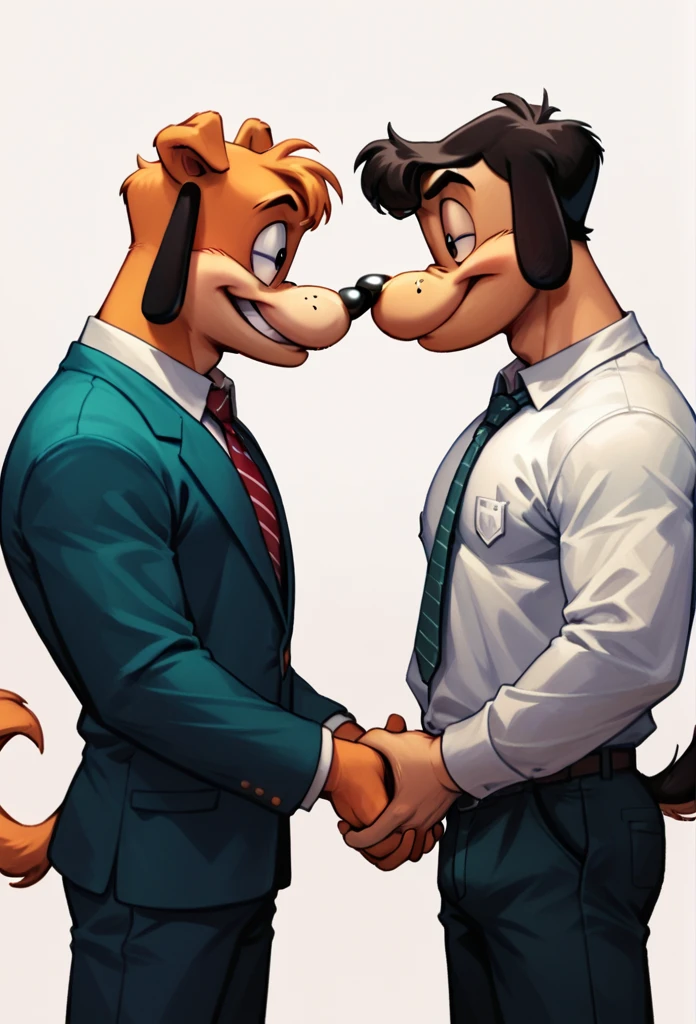 A male Max goof holding hands with a male ((Bradley uppercrust the third)) meesh art style, 2 people, "duo", anthropomorphic dogs, goofy movie