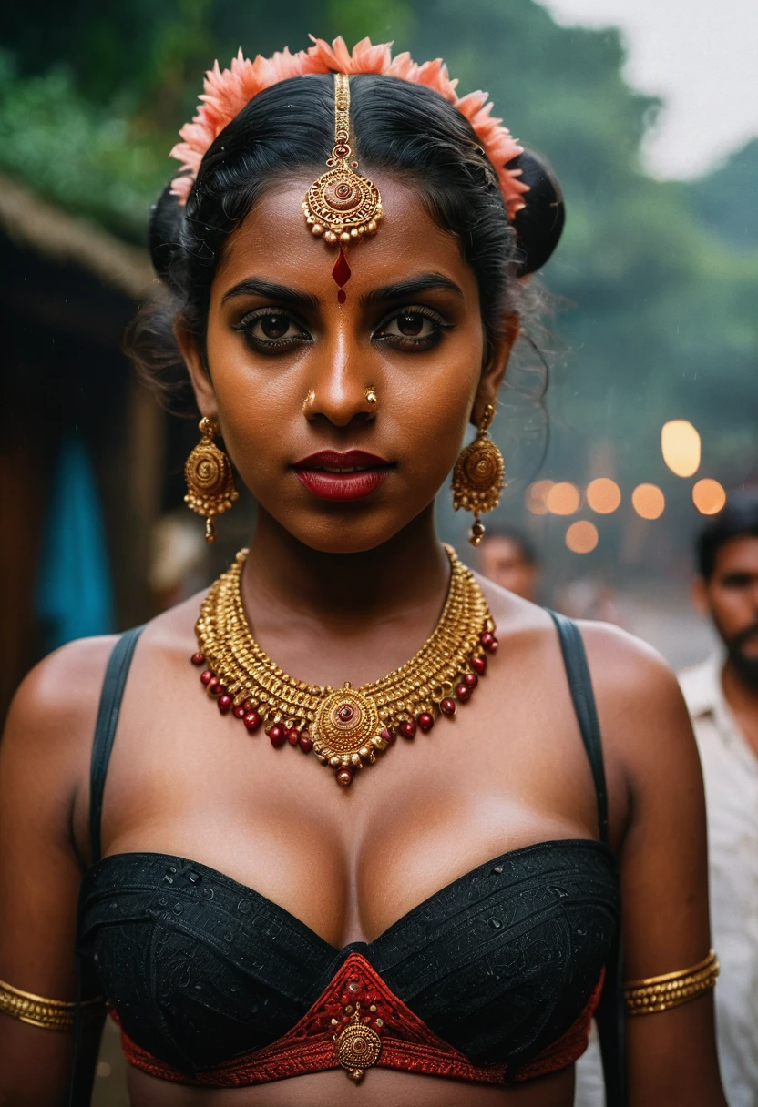 (((photo of a ancient kerala crowned temple goddess ))), (((black kali))) , (((Half Body))),   (((very dark skin))), (((age 18+))), (((chubby tall))), (((huge busty milky wet big massive boobs))), (((nude thigh))), (((ancient black mini skirt))), ((black skin dark body)), (((red ornaments))), (((depth of field))), ((( flame bokeh))), (((rain))), ((( flashing light leaks))), (((divine))), photorealistic,photo, realism, Getty Images, RAW candid cinema, 16mm, colour graded portra 400 film, remarkable colour, ultra realistic, textured skin, remarkable detailed pupils, realistic dull skin noise, visible skin detail, skin fuzz, dry skin, shot with cinematic,light leaks, RAW Image, DOF, depth of field,bokeh